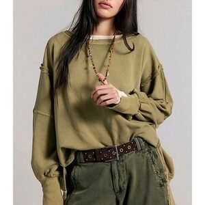 Free People Camden Oversized Sweatshirt Green High Low Hem Lagenlook Womens Sz M